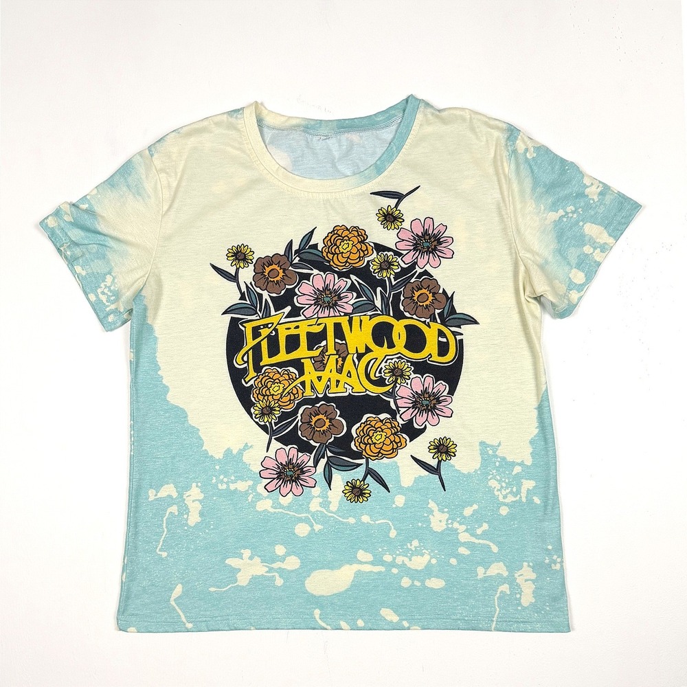 Fleetwood Mac Floral Graphic Tee Turquoise Bleached Acid Wash Womens Large